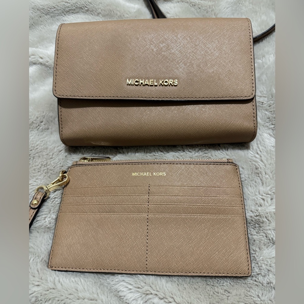 Michael Kors Taupe Saffiano Leather Wallet Set with Gold Hardware